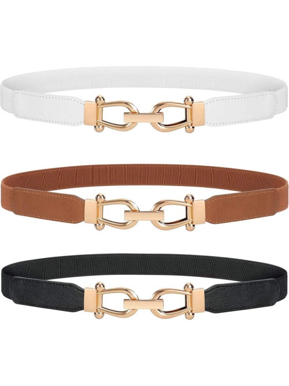 Women's Black Brown White Retro Elastic Stretch Belt 3-Pcs With Gold Buckle